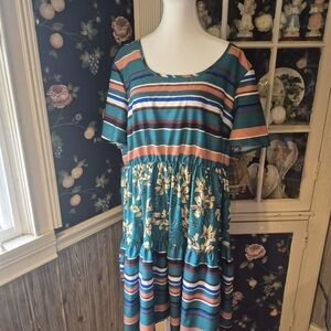 SHEIN Teal Striped & Floral Midi Dress with Coral and Navy